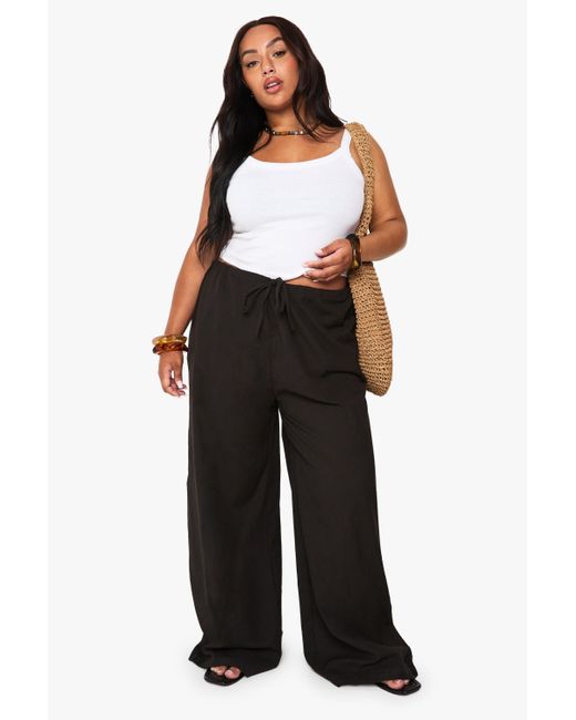 Boohoo Black Plus Linen Drawstring Wide Leg Trouser