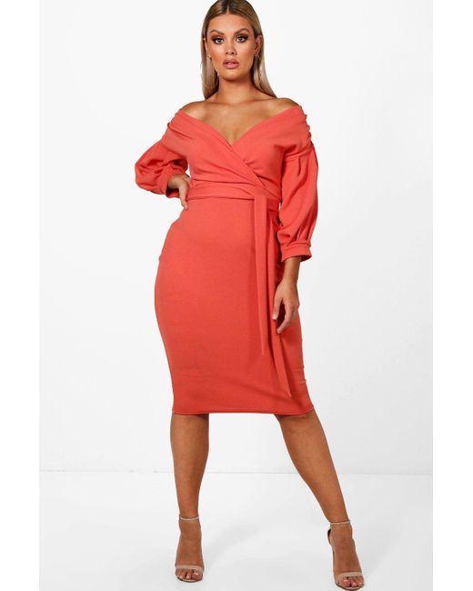 plus off the shoulder wrap midi dress