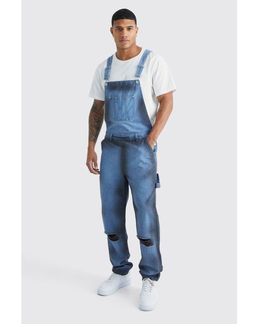 BoohooMAN Blue Relaxed Spray Paint Dungaree for men