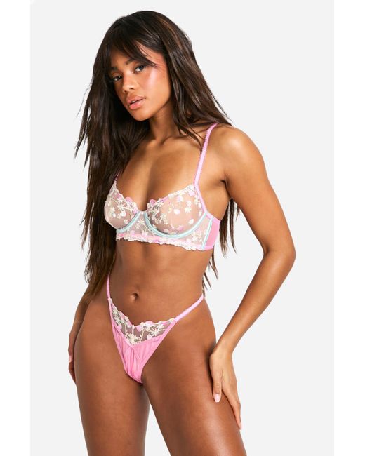 Boohoo Pink Strawberry Embroidered Detail Thong