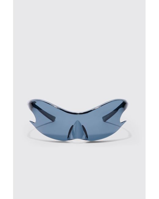 BoohooMAN Blue Shield Racer Mirror Lens Rimless Plastic Sunglasses for men