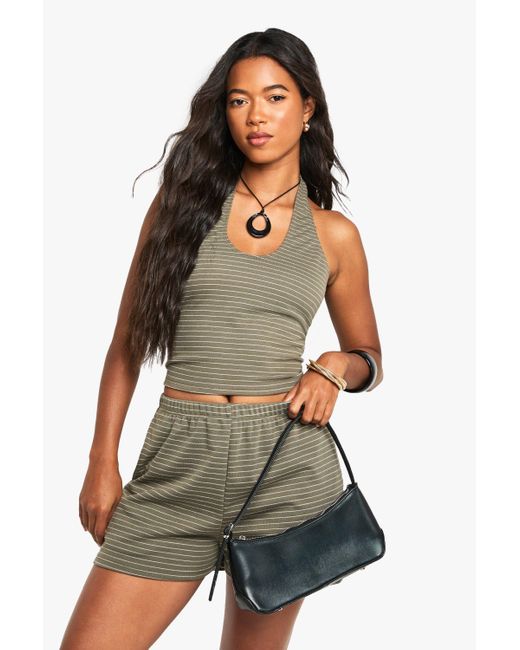 Boohoo Green Stripe Halterneck Top