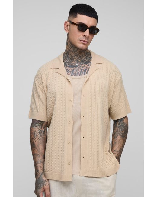 Boohoo Natural Tall Oversized Boxy Short Sleeve Revere Cable Knit Shirt
