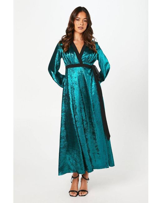 Coast Blue Petite Party Metallic Long Sleeve Wrap Midi Dress