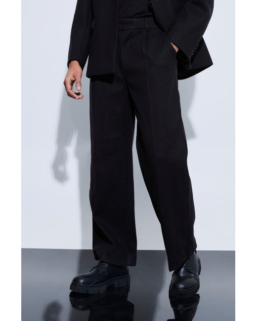 BoohooMAN Black Melton Wool Wide Fit Tailored Pants for men