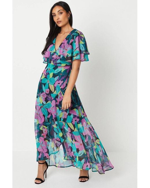 Wallis Women's Blue Petite Floral Print Ruffle Sleeve Wrap Maxi Dress
