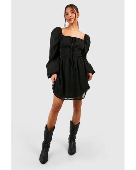 Boohoo Black Rouched Bust Mini Milkmaid Dress