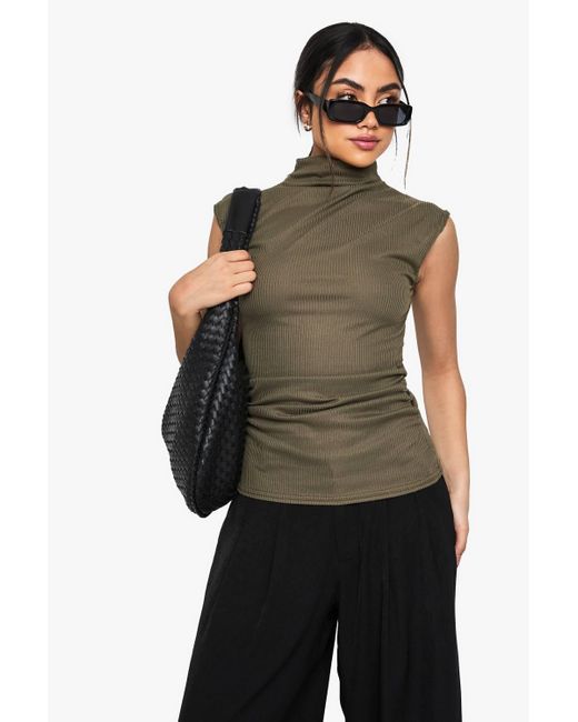 Boohoo Green Soft Rib High Neck Ruched Side Top