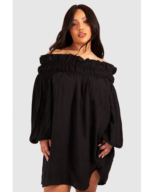 Boohoo Black Plus Woven Textured Off The Shoulder Smock Dress