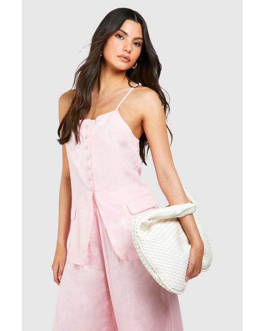 Boohoo Pink Linen Look Button Front Longline Waistcoat