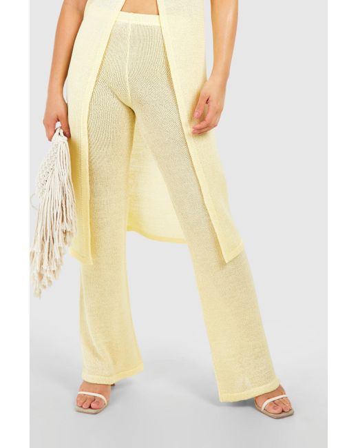 Petite Sheer Knit Wide Leg Trouser Boohoo de color Yellow