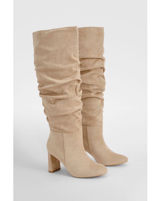 Boohoo Natural Wide Fit Faux Suede Ruched Detail Block Heel Boots