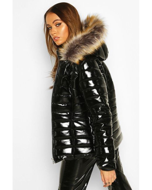 Boohoo High Shine Faux Fur Trim Puffer Jacket in Black - Lyst