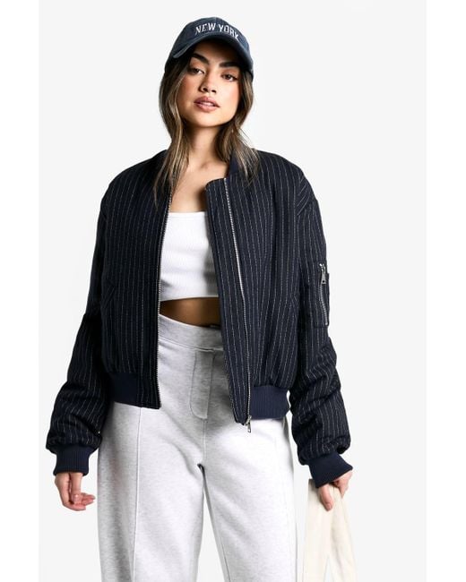 Boohoo Blue Pinstripe Wool Look Bomber Jacket