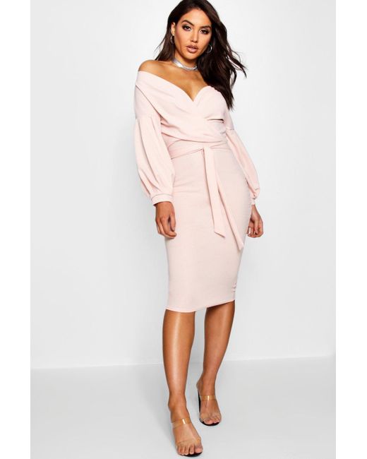 off shoulder wrap midi dress