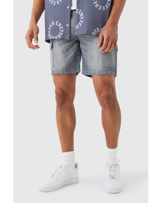 Boohoo Blue Slim Rigid Cargo Denim Shorts In Grey