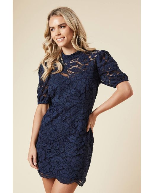Dorothy Perkins Blue Petite Lace High Neck Mini Dress