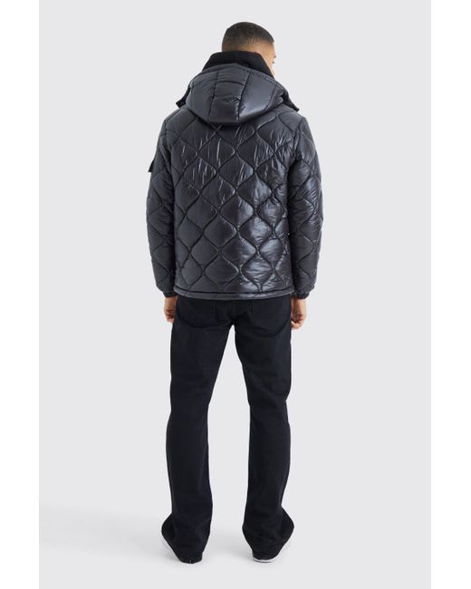 BoohooMAN Gray High Shine Onion Quilted Puffer With Hood for men
