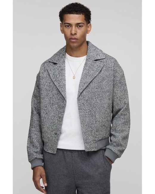 BoohooMAN Gray Boxy Fit Textured Lapel Bomber Jacket for men