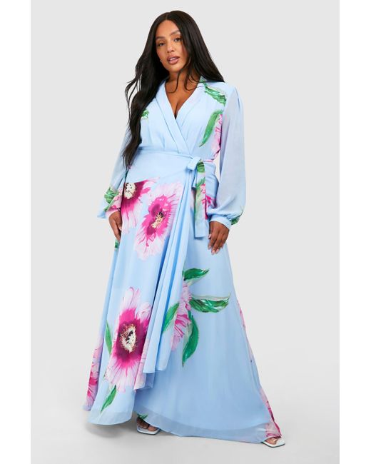 Boohoo White Plus Floral Print Long Sleeve Wrap Maxi Dress