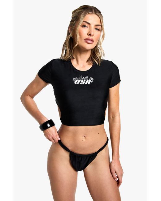 Boohoo Black 'Usa' Lace Up Back Bikini Crop Top & Tanga Bikini Bottoms Set