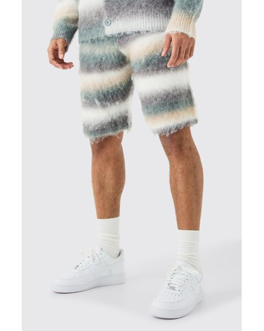BoohooMAN Gray Relaxed Mid Length Knitted Brushed Stripe Short In Sage for men