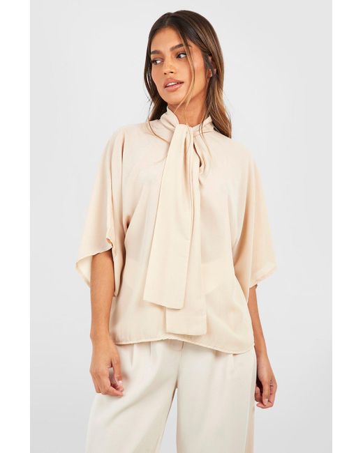 Boohoo Natural Woven Tie Neck Floaty Flared Sleeve Blouse