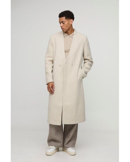 BoohooMAN Natural Oversized Longline Double Breasted Collarless Melton Overcoat for men
