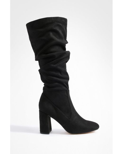 Boohoo Black Faux Suede Slouchy Knee High Block Heel Boots