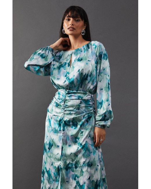 Warehouse Gray Print Satin Ruched Front Midi Dress