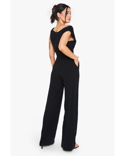 Boohoo Black Tall Linen Look Twist Strap Jumpsuit