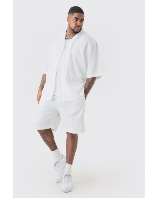 Boohoo Plus Drop Revere Linen Drop Revere Shirt & Short Set In White