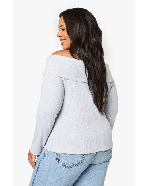 Boohoo White Plus Button Down Bardot Rib Top