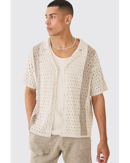 BoohooMAN White Oversized Boxy Open Stitch Stripe Knit Shirt In Ecru for men
