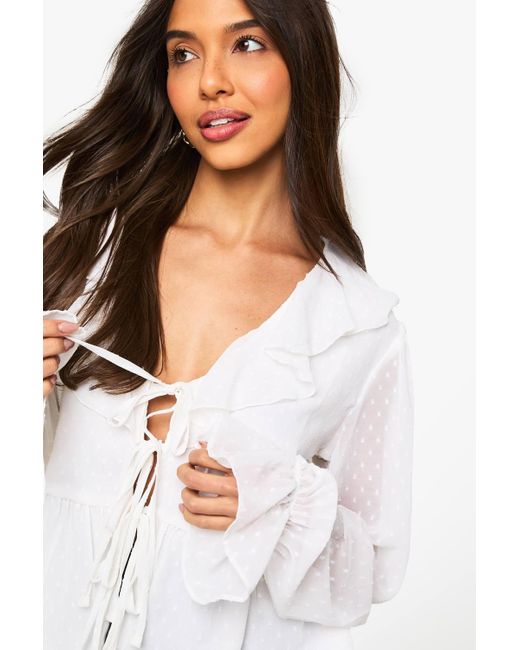 Boohoo White Dobby Mesh Tie Ruffle Blouse