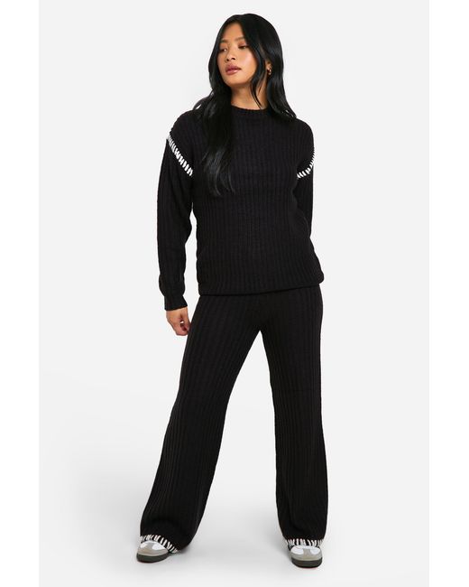 Conjunto Petite Premium De Punto Grueso De Pantalón Y Jersey Con Ribete En Contraste Boohoo de color Black