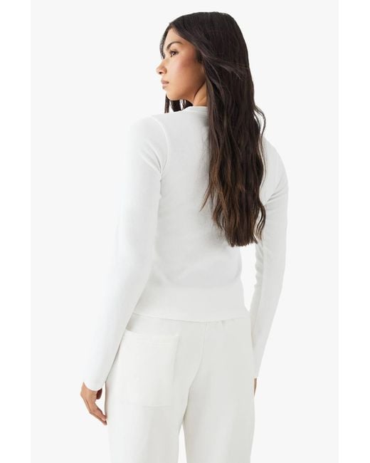 DSGN Studio White Square Script Embroidered Rib Button Through Long Sleeve Top