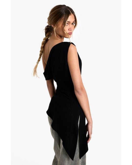 Boohoo Black Linen Look Drape One Shoulder Asymmetric Top