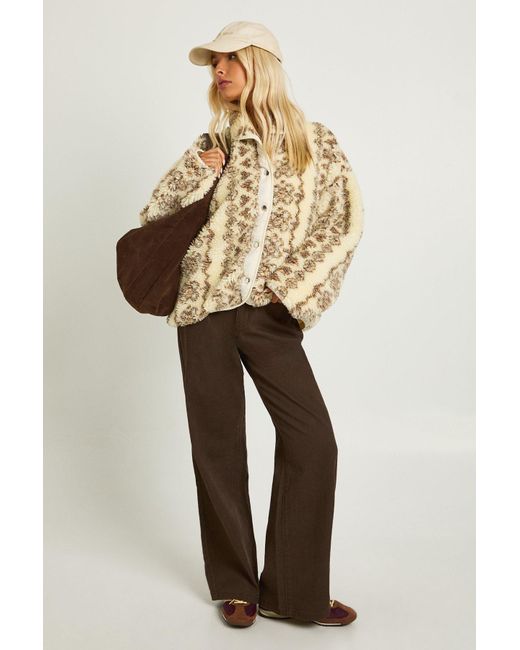 Printed Teddy Button Up Jacket Boohoo de color Natural