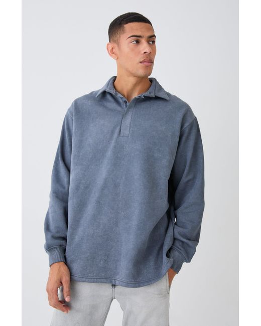 BoohooMAN Blue Oversized Washed Rugby Sweatshirt Polo for men