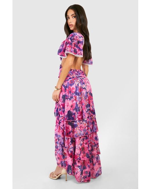 Boohoo Pink Petite Floral Dobby Cut Out Maxi Dress