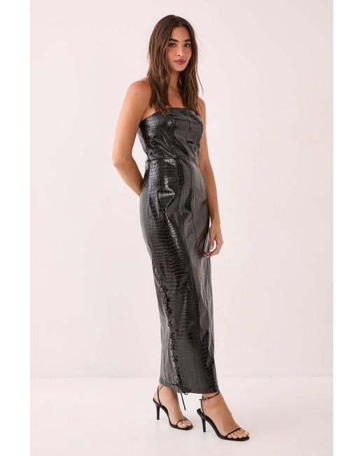Nasty Gal Faux Leather Croc Bandeau Lace Up Maxi Dress in Black | Lyst