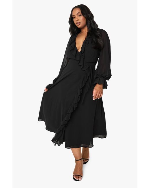 Boohoo Black Plus Chiffon Ruffle Wrap Dress