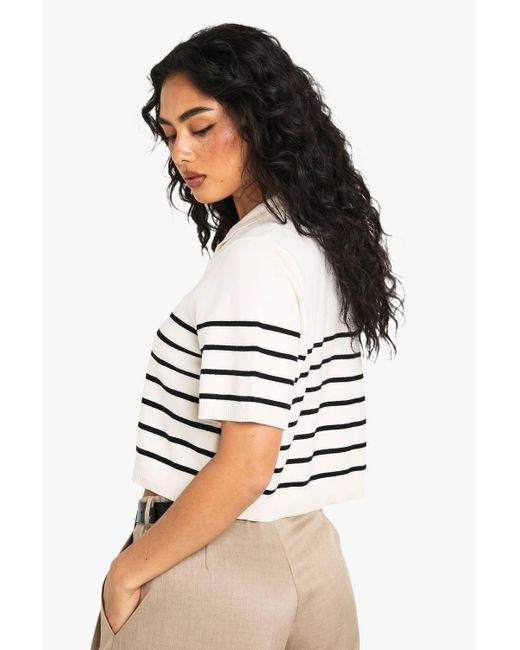 Boohoo White Stripe Oversized Zip Neck Knitted Top