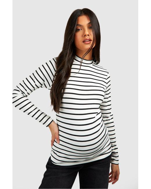 Boohoo Gray Maternity Roll Neck Striped Long Sleeve T-shirt