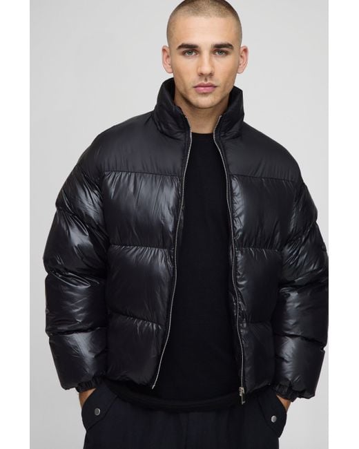 Boohoo Black Boxy Fit High Shine Nylon Mix Funnel Neck Puffer Jacket
