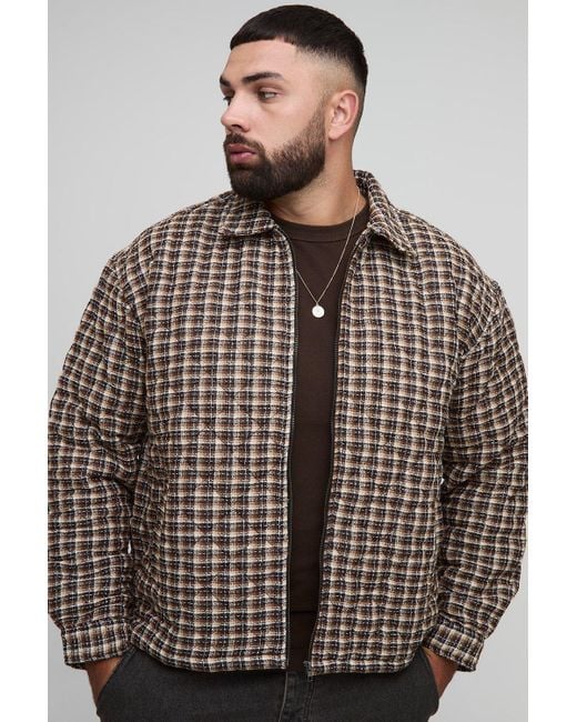 BoohooMAN Plus kariertes Bouclee-Overshirt mit Reißverschluss in Brown für Herren