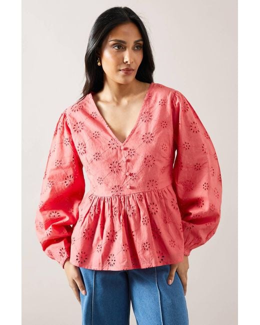 Wallis Red Petite Broderie Button Blouse