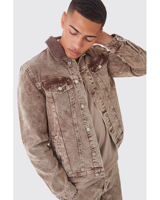 BoohooMAN Brown Acid Wash Cord Jacket With Borg Collar In Chocolate for men