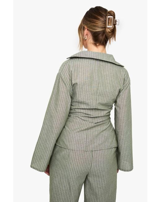 Boohoo Green Striped Wrap Tie Blouse